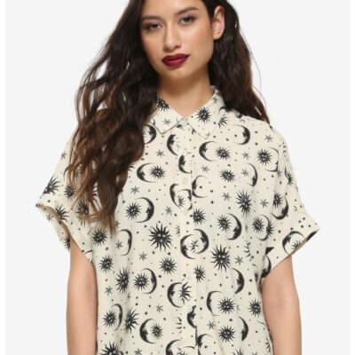 Cream & Black Celestial Girls Oversized Crop Button-Up