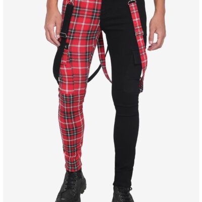 Red Plaid Split Leg Suspender Stinger Jeans