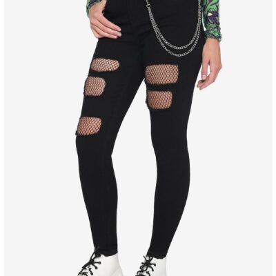 Black Fishnet Destructed Chain Jeans