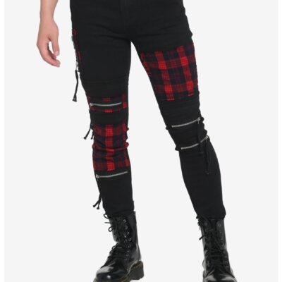 Black & Red Plaid Patch Stinger Jeans