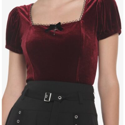 Burgundy Velvet Puff-Sleeve Girls Top