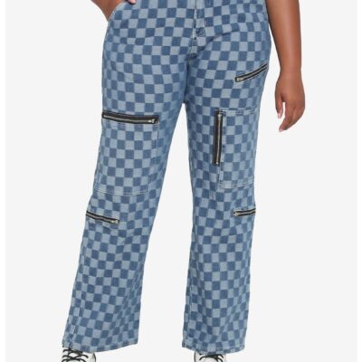 Blue Checkered Denim Straight Leg Jeans Plus Size