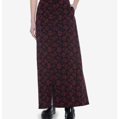 Black & Red Floral Skull Maxi Skirt