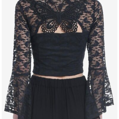 Cosmic Aura Black Butterfly Lace Girls Bell Sleeve Top