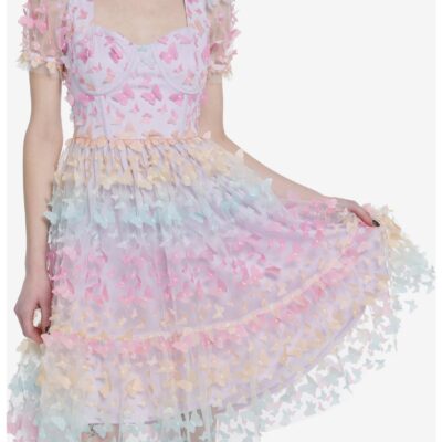 Sweet Society Pastel Butterfly Mesh Puff Sleeve Dress