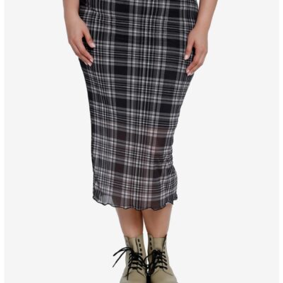 Social Collision Black Plaid Mesh Midi Skirt Plus Size