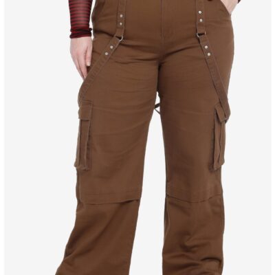 Social Collision Brown Wide Leg Suspender Pants Plus Size