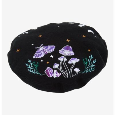 Dark Forest Moth Mushroom Embroidered Beret