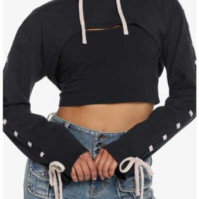 Social Collision Black & Cream Lace-Up Crop Hoodie