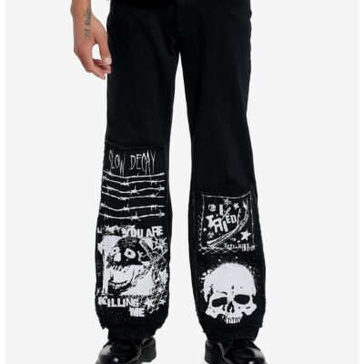 Black Punk Patch Wide Leg Denim Pants