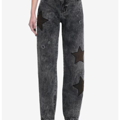 Black Star Grommet Wide Leg Denim Pants