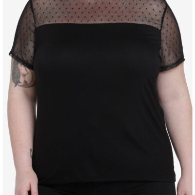 Black Mock Neck Dotted Mesh Girls Top Plus Size