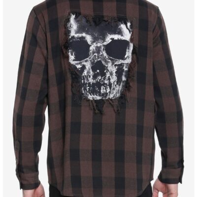 Brown Plaid Skull Rip Woven Button-Up