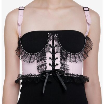 Pink Satin Black Lace Underbust Corset Harness