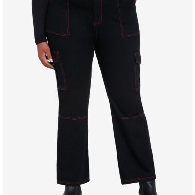 Black & Pink Contrast Stitch Carpenter Pants Plus Size