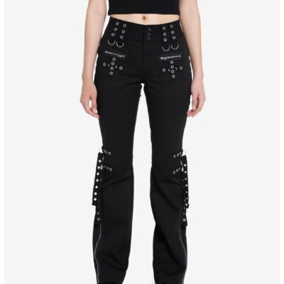 Social Collision Black Grommet Strap Zipper Flare Pants