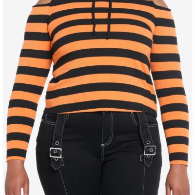 Social Collision Black & Orange Stripe Girls Crop Hooded Top Plus Size