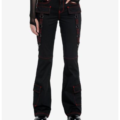 Social Collision Black & Red Contrast Stitch Strap Flare Pants