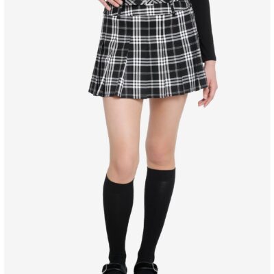 Cosmic Aura Black & White Plaid Belt Mini Skirt