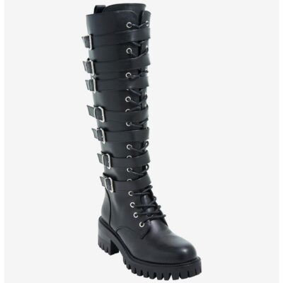 Black Multi-Buckle Knee-High Combat Boots