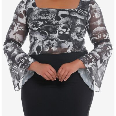 Social Collision Sleepy Hollow Collage Bell Sleeve Girls Crop Top Plus Size