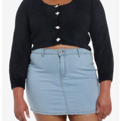 Sweet Society Black Fuzzy Rosette Buttons Crop Girls Cardigan Plus Size