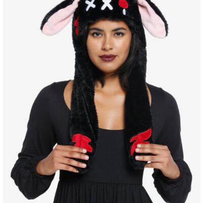 Black Goth Bunny Tassel Fuzzy Beanie