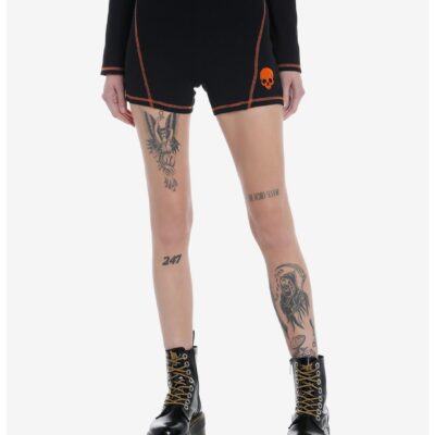 Social Collision Black & Orange Stitch Skull Girls Bike Shorts