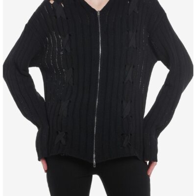 Black Lace-Up Girls Knit Hoodie