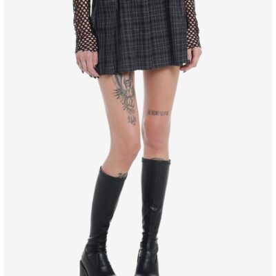 Grey Plaid Double-Belted Mini Skirt