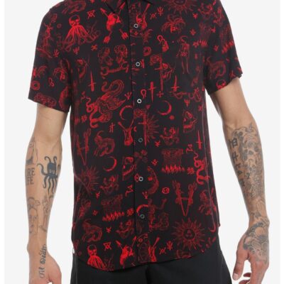 Social Collision Ancient Monsters Allover Print Woven Button-Up