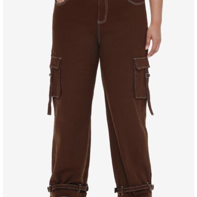 Brown Contrast Stitch Strap Carpenter Pants Plus Size