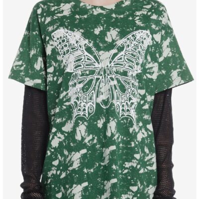 Butterfly Acid Wash Mesh Girls Long-Sleeve Twofer