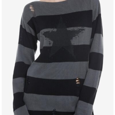 Black & Grey Stripe Star Distressed Girls Sweater