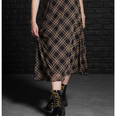 Social Collision Black & Brown Plaid Midi Skirt