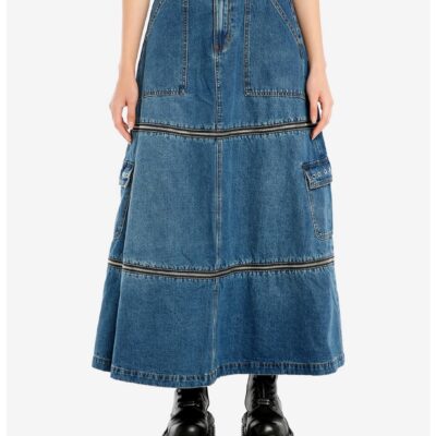 Social Collision Zip-Off Denim Cargo Maxi Skirt