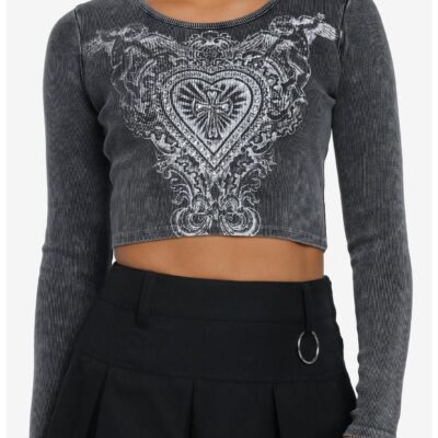 Social Collision Ornate Heart & Cross Rib Girls Long-Sleeve Top