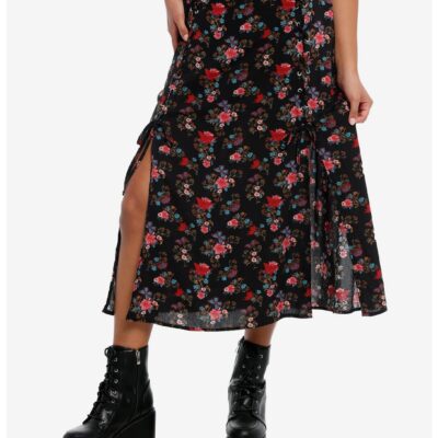 Daisy Street Floral Butterfly Lace-Up Slit Midi Skirt