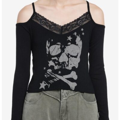 Social Collision Skull Lace Girls Cold Shoulder Long-Sleeve Top