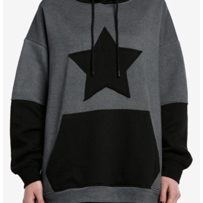 Black & Grey Star Color-Block Girls Oversized Hoodie