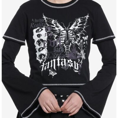 Social Collision Butterfly Bell Sleeve Girls Twofer Top