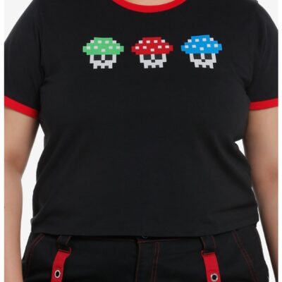 Social Collision Gamer Skull Mushroom Girls Ringer Crop T-Shirt Plus Size