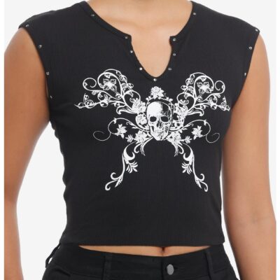 Social Collision® Skull Stud Ribbed Girls Crop Tank Top