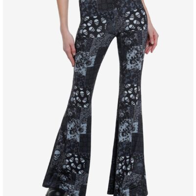 Social Collision Skull Paisley Patchwork Flare Leggings