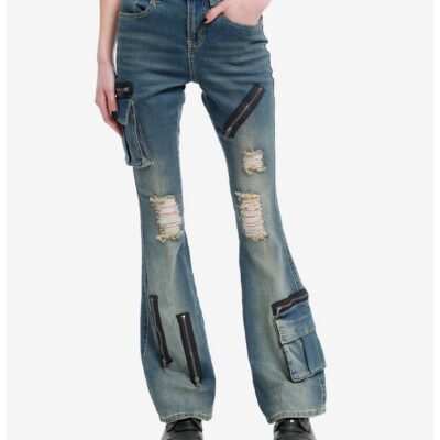 Destructed Zipper Flare Denim Pants