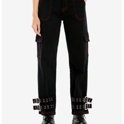 Black & Red Contrast Stitch Buckle Girls Carpenter Pants