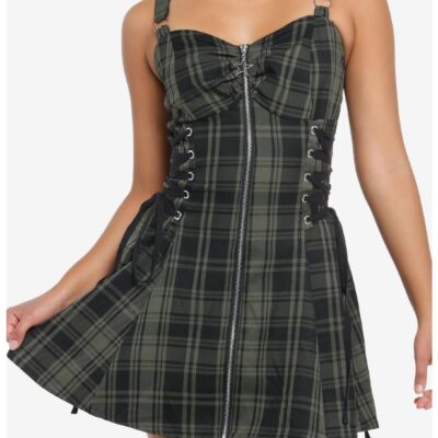 Social Collision Green & Black Zipper Plaid Cami Dress