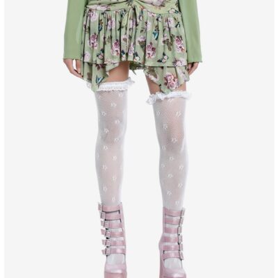 Thorn & Fable Floral Ruched Mesh Tiered Mini Skirt