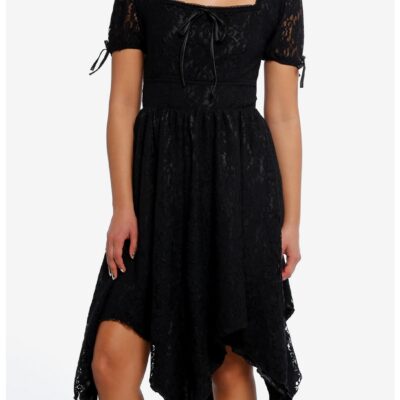 Daisy Street Black Lace Puff Sleeve Hanky Hem Dress