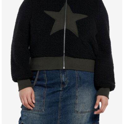 Social Collision Black Star Fuzzy Girls Crop Jacket Plus Size